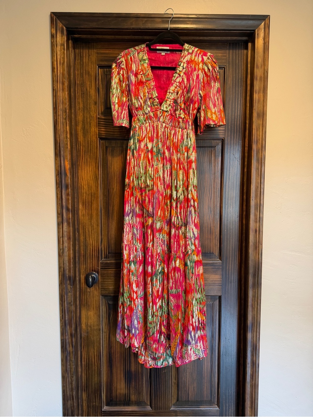 Colorful V-Neck Maxi Dress with Gold Accents Flutter Sleeves Open Back